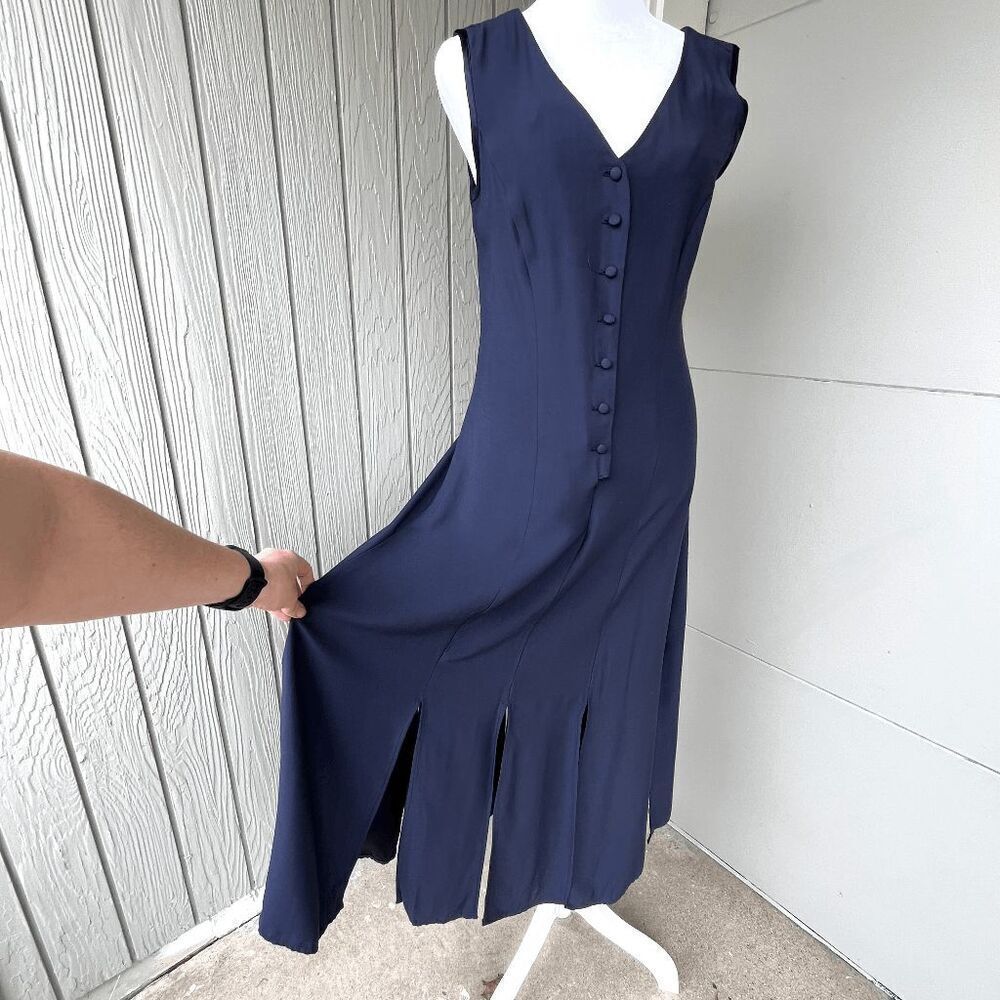 VTG 80s 90s Navy Dress Paneled Hem Satin-Lined Minimalist Made in USA, S - Picture 1 of 13